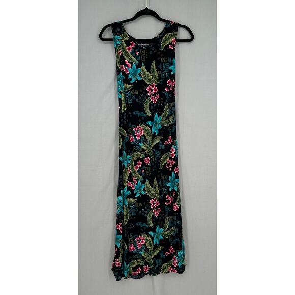 90s Vintage Dress Womens Medium Black Floral Maxi Colorful Pink Tropical Boho - Picture 1 of 9